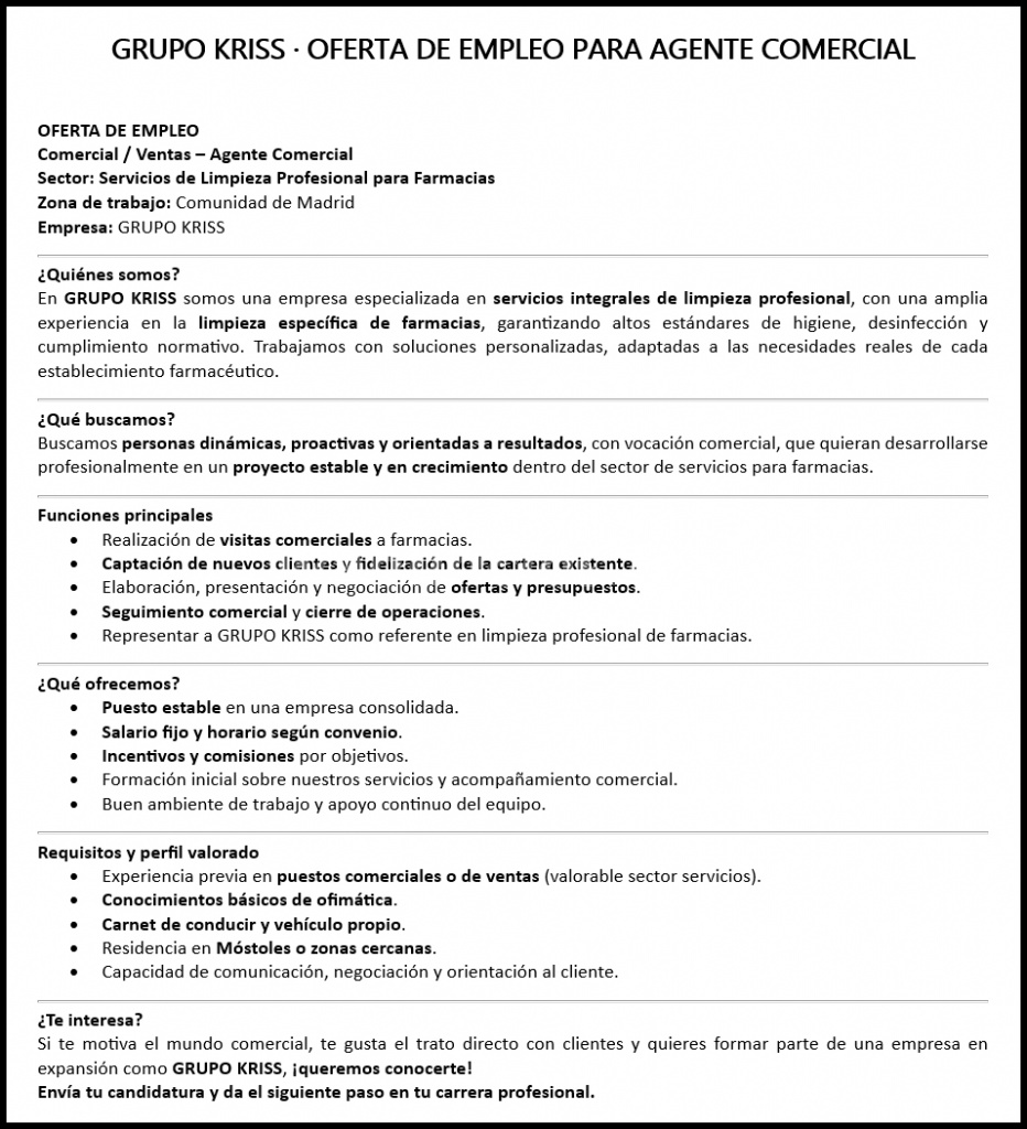 Agente Comercial. Sector: Servicios de Limpieza Profesional para Farmacias (Comunidad de Madrid)